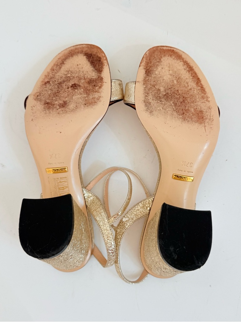 Gucci Metallic Gold Laminate leather GG Marmont Mid heel sandals EU 37.5 US 7.5 - Picture 8 of 10